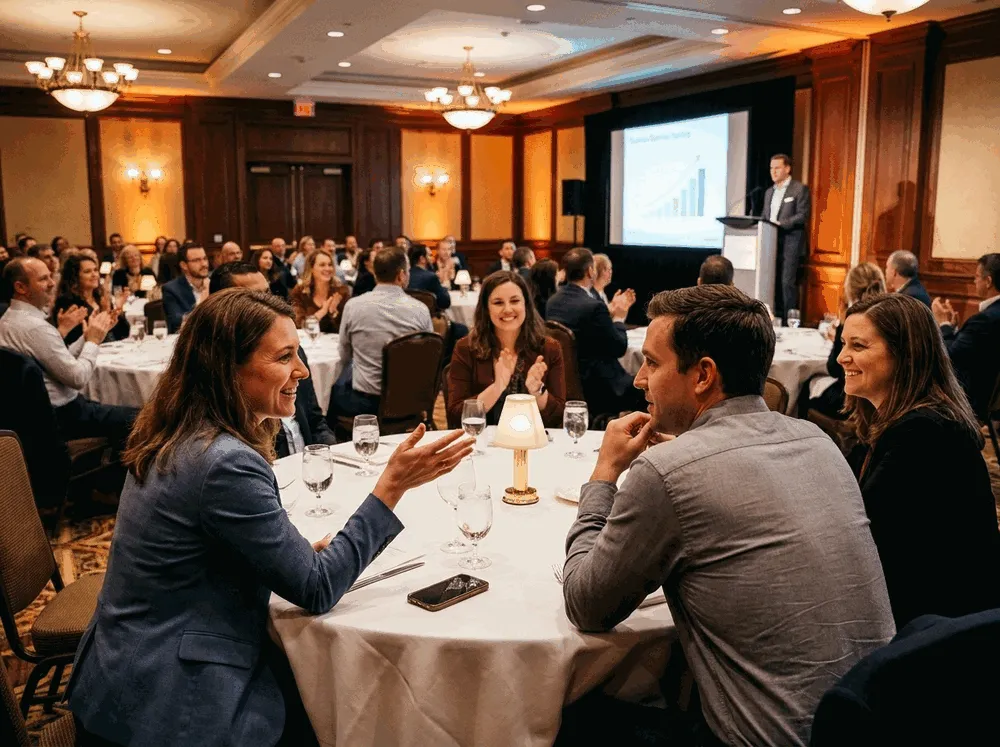 A smaller hotel meeting room where a presenter addresses an in-person audience while a large screen beside the stage shows a video-call grid of remote participants.