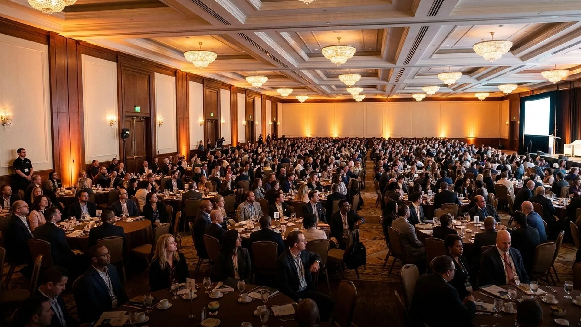 A wide, elevated view of an enormous corporate ballroom packed wall-to-wall with hundreds of business attendees at round banquet tables, receding on a diagonal toward a lit stage at right under rows of chandeliers.
