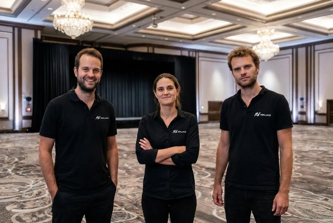 Three AV Ninjas technicians in black logo polos stand side-stage at a corporate ballroom event, a full crowd and warm stage light behind them.