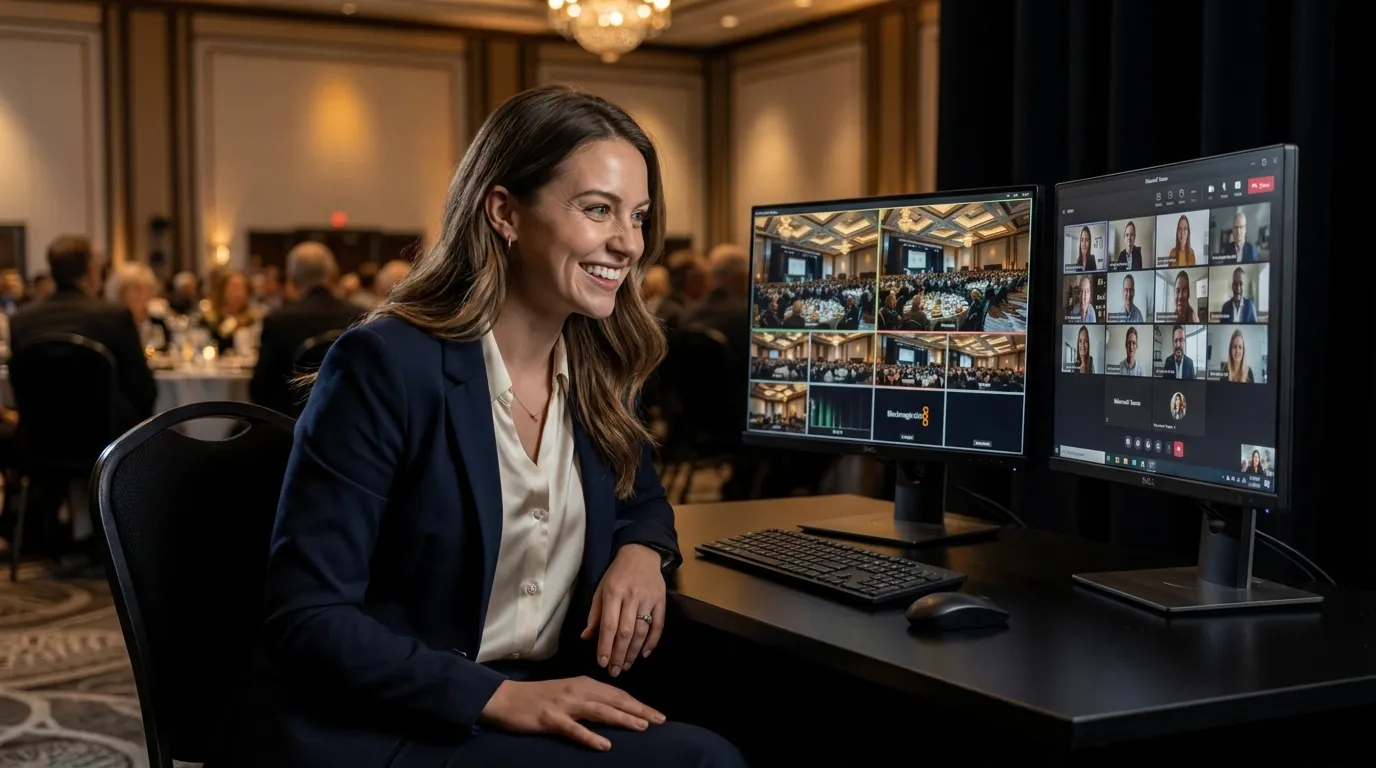The event organizer at her own black-desk command station between two monitors — a multi-camera multiview on the left and a video-call participant grid on the right — looking on, delighted with her control over the room.