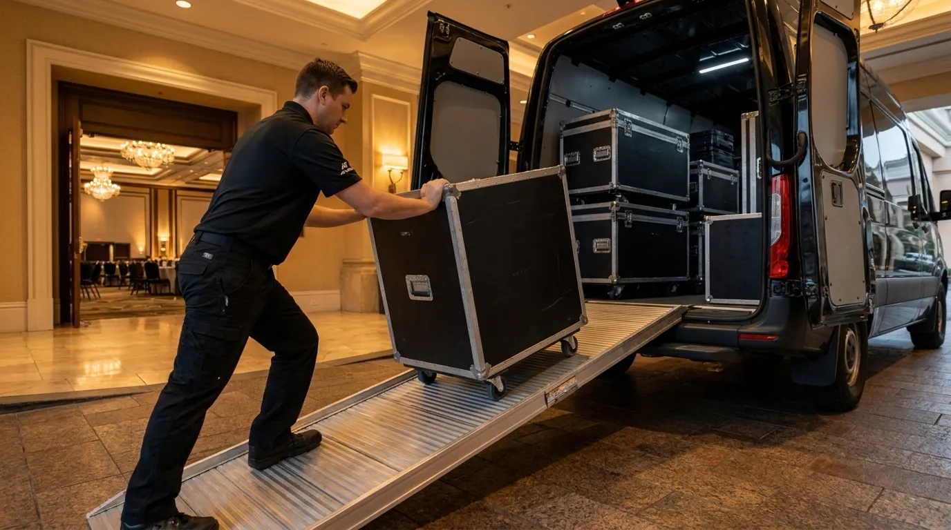 An AV Ninjas technician pushes a wheeled road case up the ramp and into the back of a loaded sprinter van at a hotel back-of-house — the van interior full of stacked, labeled cases.